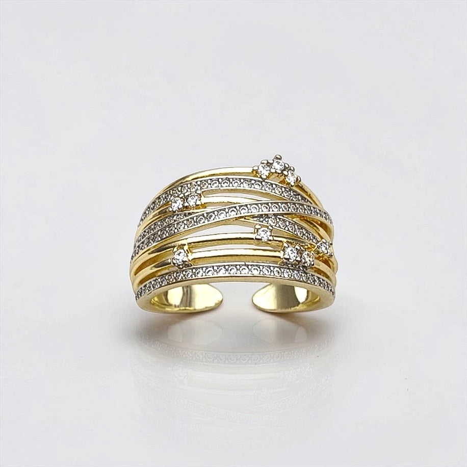 Carrie - Silver + Gold Çok Şerit Taşlı Kalın Yüzük