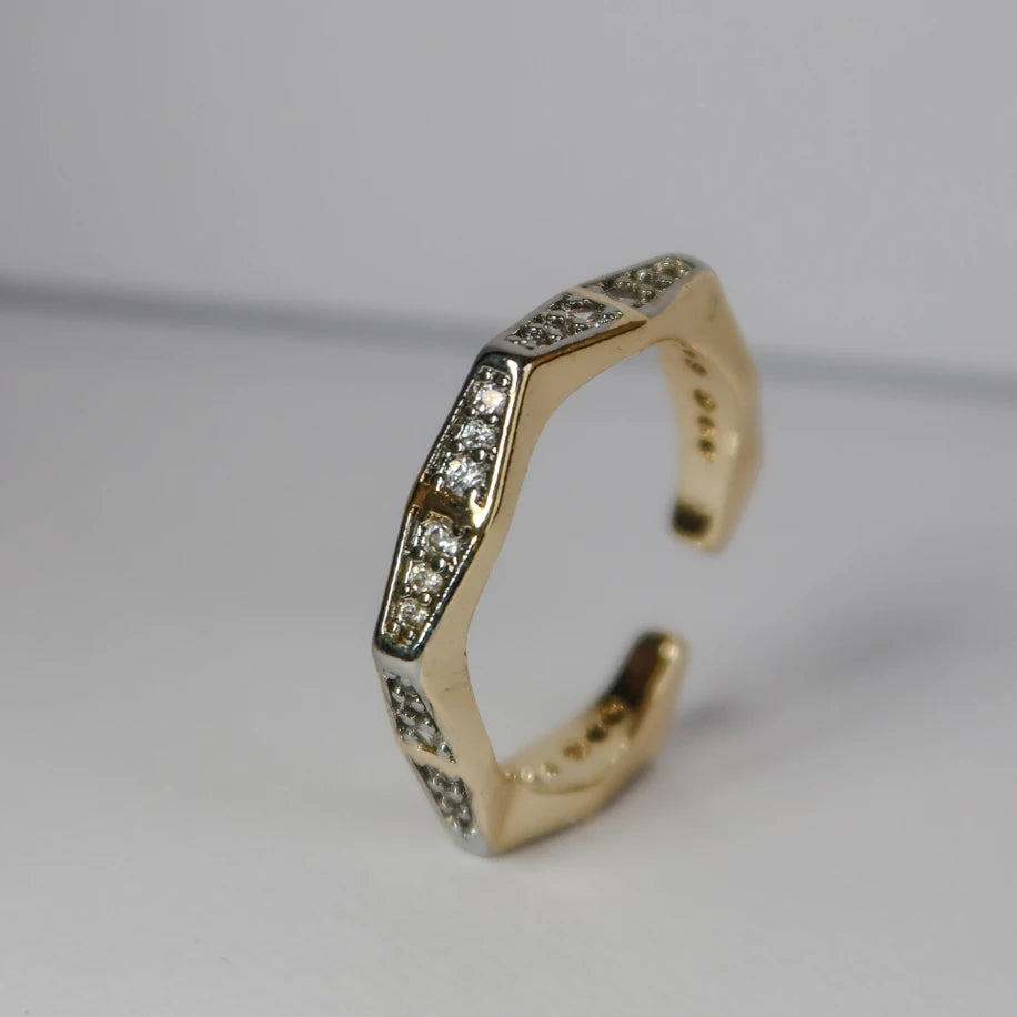 Altıgen Taşlı Silver + Gold Yüzük
